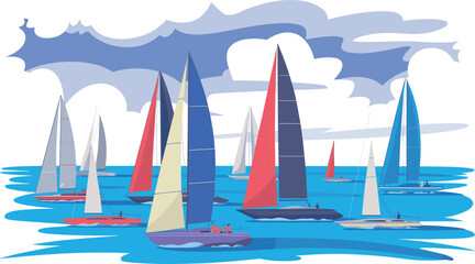 Colorful sailboat regatta illustration with sailing yachts on ocean, marine sport, nautical race, sea adventure, vector concept © Miss