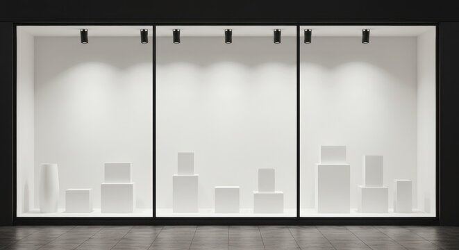 Clean and minimalist three-panel storefront display with illuminated white pedestals, perfect for showcasing products or art in an empty commercial gallery