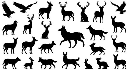 Obraz premium Animal silhouette set, wildlife illustration, deer and wolf design, rabbit and eagle icons, black and white creature art, forest animal collection