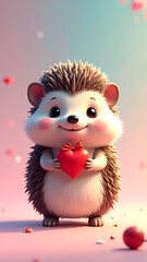 Cute hedgehog with rosy cheeks holding a red heart on pastel background