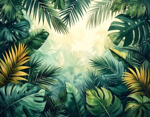 Naklejka premium A lush arrangement of vibrant green and yellow tropical leaves