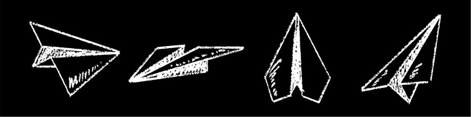Set editable chalk drawing paper airplane vector for school travel themes. Ideal for classroom imagination boards and educational flight graphics. Symbolizes student dreams, messaging, and learning. © Taliax
