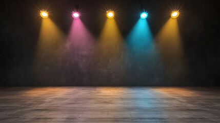 Obraz premium Bright stage lights illuminate dark background, creating vibrant atmosphere for performances 