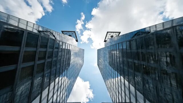 Modern city skyscrapers looking up at blue cloudy sky