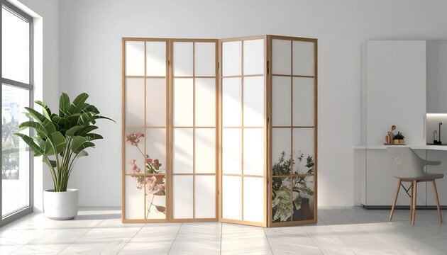Room interior with a folding screen, large plant, and minimalist design