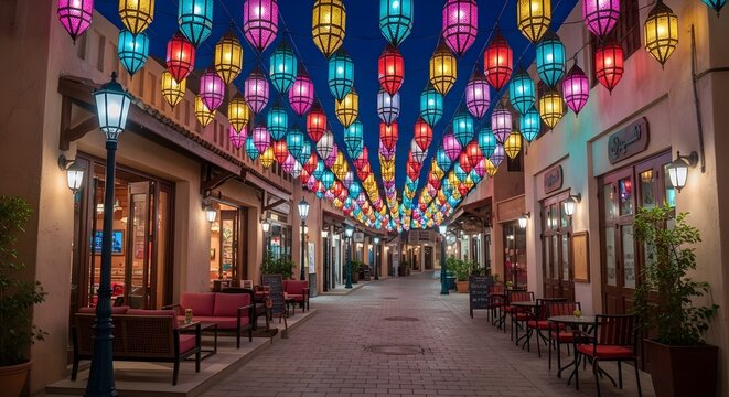Colorful ramadan lanterns hanging over narrow street in middle eastern city at dusk with outdoor cafe seating and glowing shop windows night