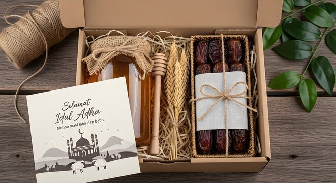 Eid al adha gift box containing honey jar dates and greeting card with mosque illustration for traditional muslim holiday festive celebration