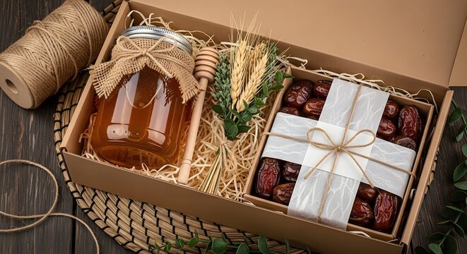 Ramadan gift box containing jar of honey with wooden dipper and package of organic dates on rustic background for islamic celebration