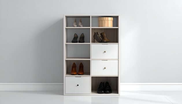 A shoe organizer with various shoes, a hatbox, and drawers against a gray wall