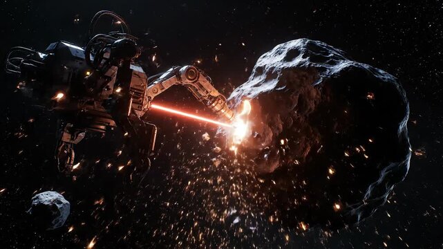 Cinematic sci-fi scene of an industrial spacecraft mining minerals from large asteroid using high-powered laser drill. Sparks fly as the robotic arm cuts into space rock in dark starry universe