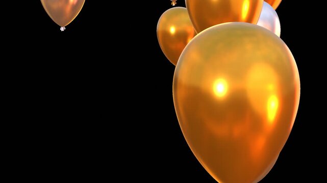 3d animation of golden balloons flying upwards, birthday or anniversary celebration concept. Video with alpha channel