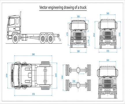 Blueprint of a truck showing technical dimensions and views