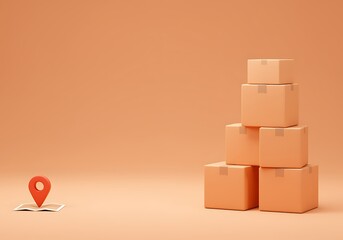 Obraz premium Stackofbrownboxesnexttomappinandopenbookonorangebackgroundforlogisticsanddeliveryconcept