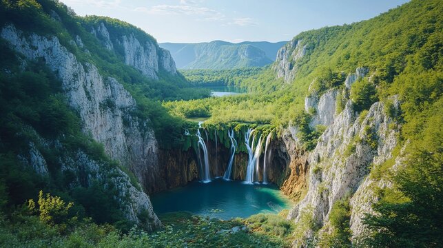 Exotic cascading waterfall and turquoise lake in plitvice lakes national park, unesco world heritage site, central croatia