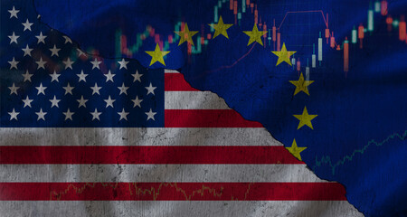 Flag of United States and European Union with Broken Background, USA vs EU Conflict Concept with cracked flags © YanlethRivera