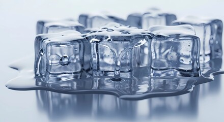 A close-up view of melting ice cubes on a reflective surface