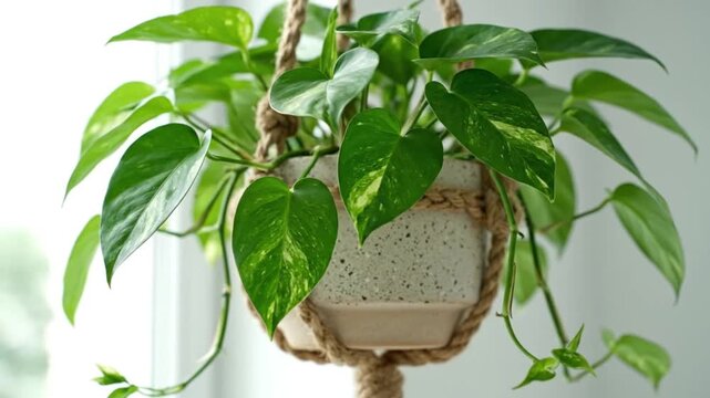 Lush Green Pothos Houseplant in Decorative Ceramic Pot Hanging by Macrame Rope Near Bright Window for Interior Home Decor and Design