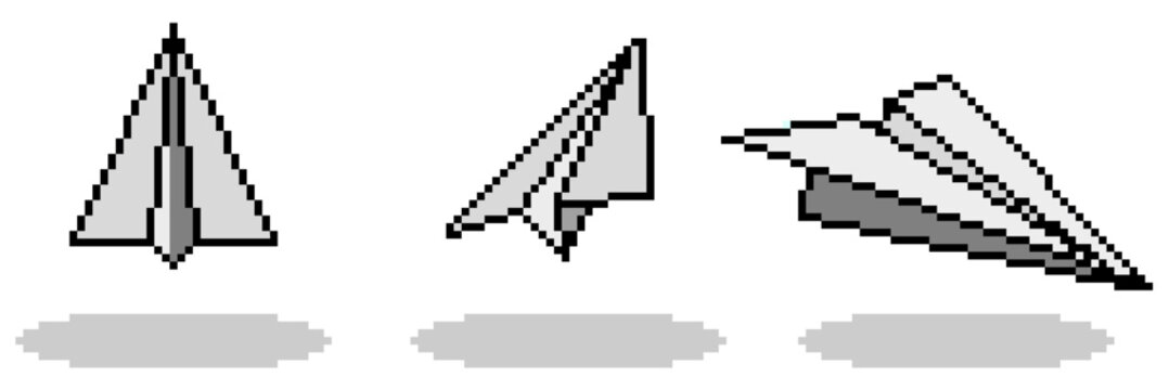 Set editable pixel paper airplane vector for retro digital messaging. Ideal for 8-bit email apps and vintage chat interfaces. Symbolizes electronic mail, fast sending, and arcade flight.