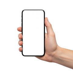 A person holding a smartphone with a blank screen in their hand isolated on transparent background