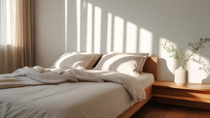 Cozy bedroom with sunlight casting shadows on white walls and wooden furniture