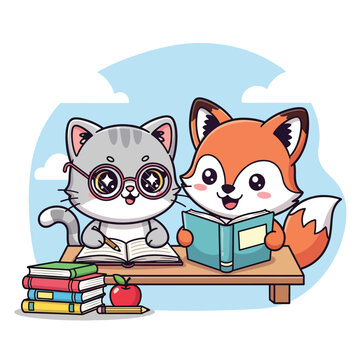 Cat and Fox Reading Together