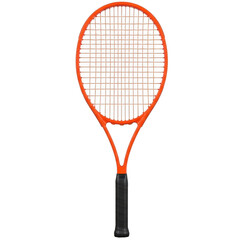 A close-up view of a tennis racket with a red frame and black handle isolated on transparent background