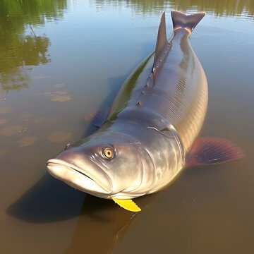 A massive arapaima fish in a shallow Amazonian pond, highlighted against the serene background. yellow fish big fish in the water.
