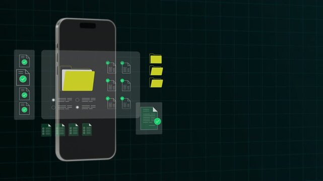 Mobile device interface showcasing yellow folder icons and a vertical layout for secure document management.