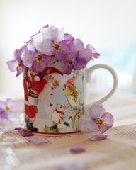 サンタさんのカップとビオラ花