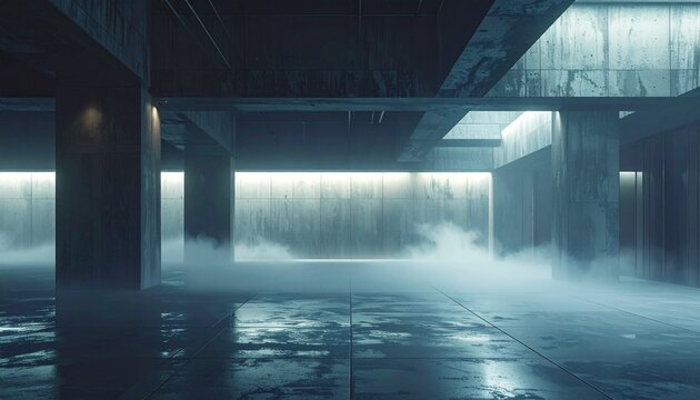 霧に包まれた無機質な地下通路と光の反射。Moody Underground Corridor with Fog and Light Reflections.