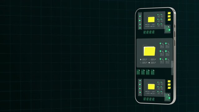 Digital interface featuring a vertical stack of data modules and green file icons for information tracking.