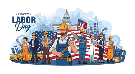 Diverse laborers celebrating labor day with american symbols. Suitable for labor day promotions, patriotic themes, and diverse workforce concepts.