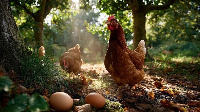 Chickens roaming under trees with fresh eggs in sunlit orchard