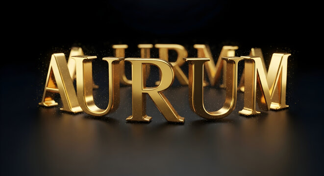 Stunning gold 3D letters spelling AURUM sparkle on a dark luxurious background, perfect for premium branding and elegant designs