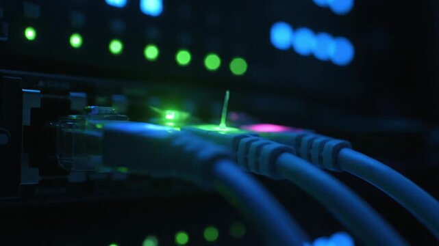 Close Up of Ethernet Network Cables Plugged Into High Speed Data Switch With Flashing LED Indicator Lights in Secure Server Room Infrastructure