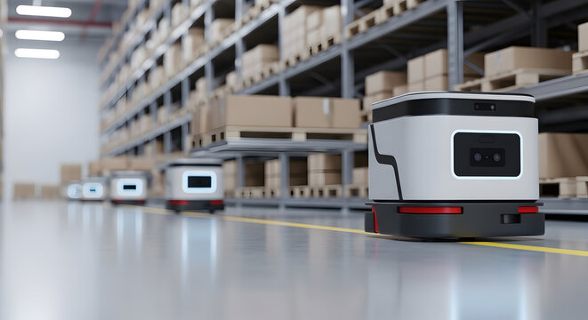 Fleet of autonomous mobile robots (AMRs) efficiently moving through a modern warehouse, demonstrating smart logistics and inventory management.
