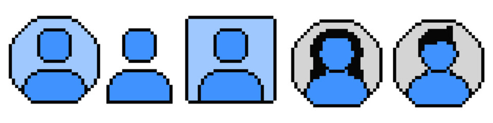 Set editable pixel photo profil vector for retro user accounts. Ideal for 8-bit avatars, vintage forum interfaces, and gaming profiles. Symbolizes digital identity, online persona, and classic players © Taliax