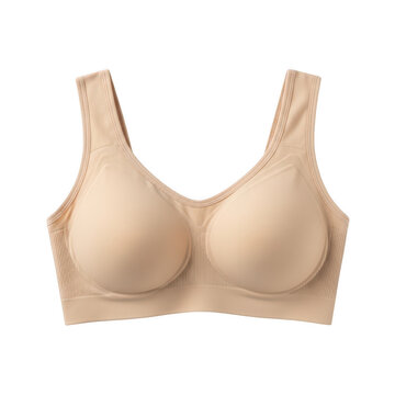 A beige strapless bra with padded cups and a smooth finish isolated on transparent background