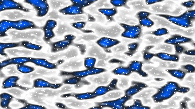 Abstract, fluid-like pattern with blue shapes, white dots, and blurred grey areas