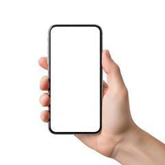 Person holding a smartphone with a blank screen in their hand isolated on transparent background