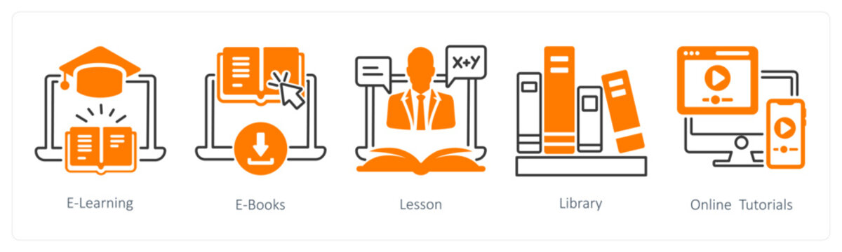 A set of 5 mix icons as e learning, e books, lesson