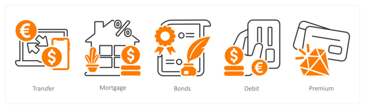 A set of 5 mix icons as transfer, mortgage, bonds