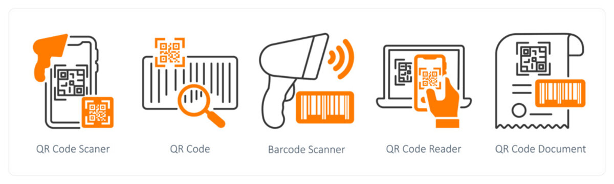 A set of 5 mix icons as qr code scanner, qr code, barcode scanner