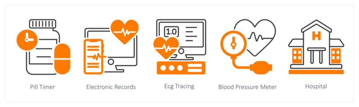 A set of 5 mix icons as pill timer, electronic records, ecg tracing