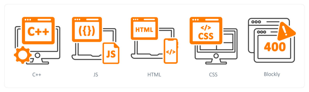 A set of 5 mix icons as c++, js, html