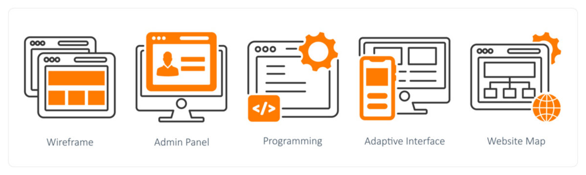 A set of 5 mix icons as wireframe, admin panel, programming