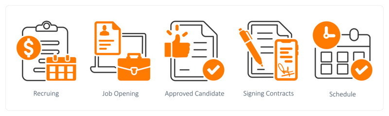 A set of 5 mix icons as reccuring, job opening, approved candidate