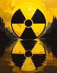Radioactive warning icon over lake with hills & reflection, golden tones