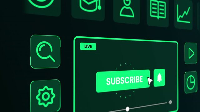 Digital interface showcasing subscription settings, including a subscribe button and various social media engagement icons.