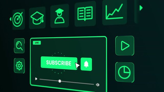 Perspective view of a digital interface displaying educational and professional icons alongside subscription modules.